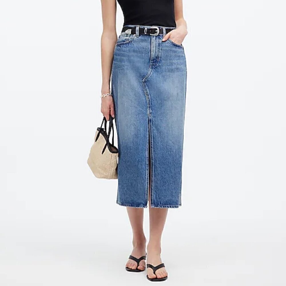 Madewell The Rilee Premium Cotton Denim Midi Skirt Enmore Wash Size 27 NWT